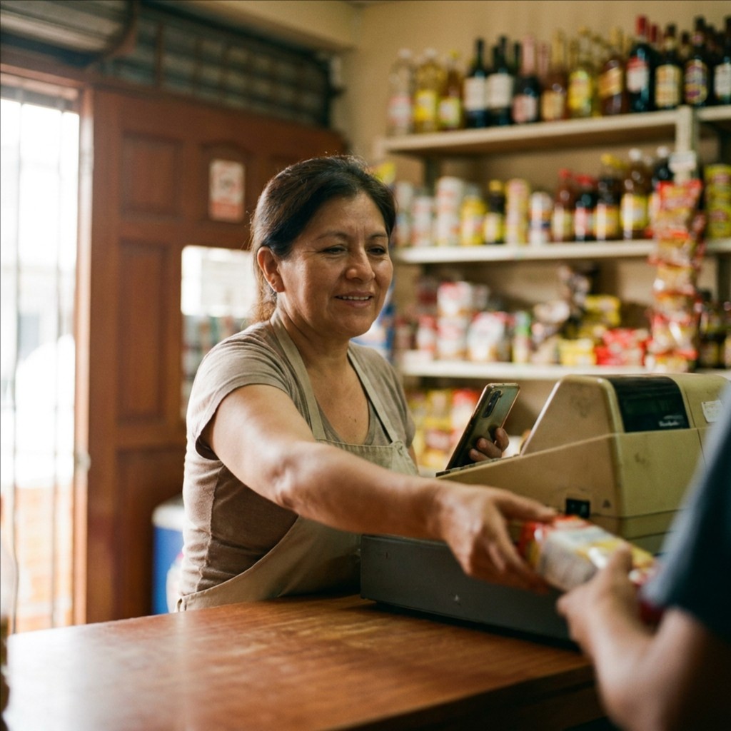 Bodeguera tras el mostrador alcanzando un producto a un cliente, con el celular en la mano.
